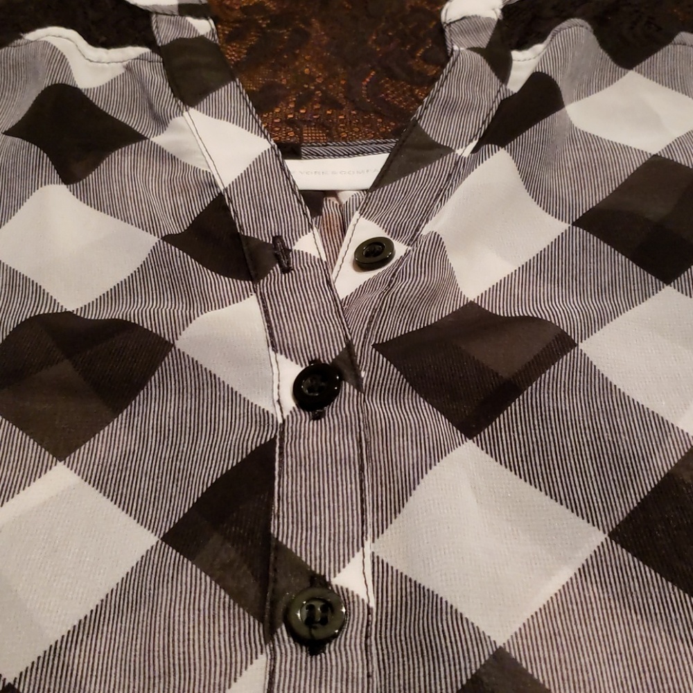 NY & Co Black & White Checkered Blouse with Lace - Picture 3 of 5